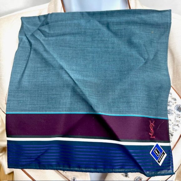 New Set of 2 Men Yves Saint Laurent Handkerchiefs Blue Green 17" x17"(S87 - Picture 13 of 13